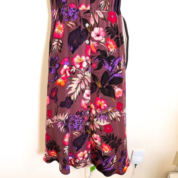 VTG 90s Silk Tropical Floral Garden Maxi Shirt Dress Size 6 Brown Boho Resort - Picture 7 of 10